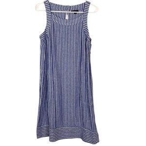 For Cynthia Linen Blend Striped Dress Sleeveless Blue White Pockets Medium